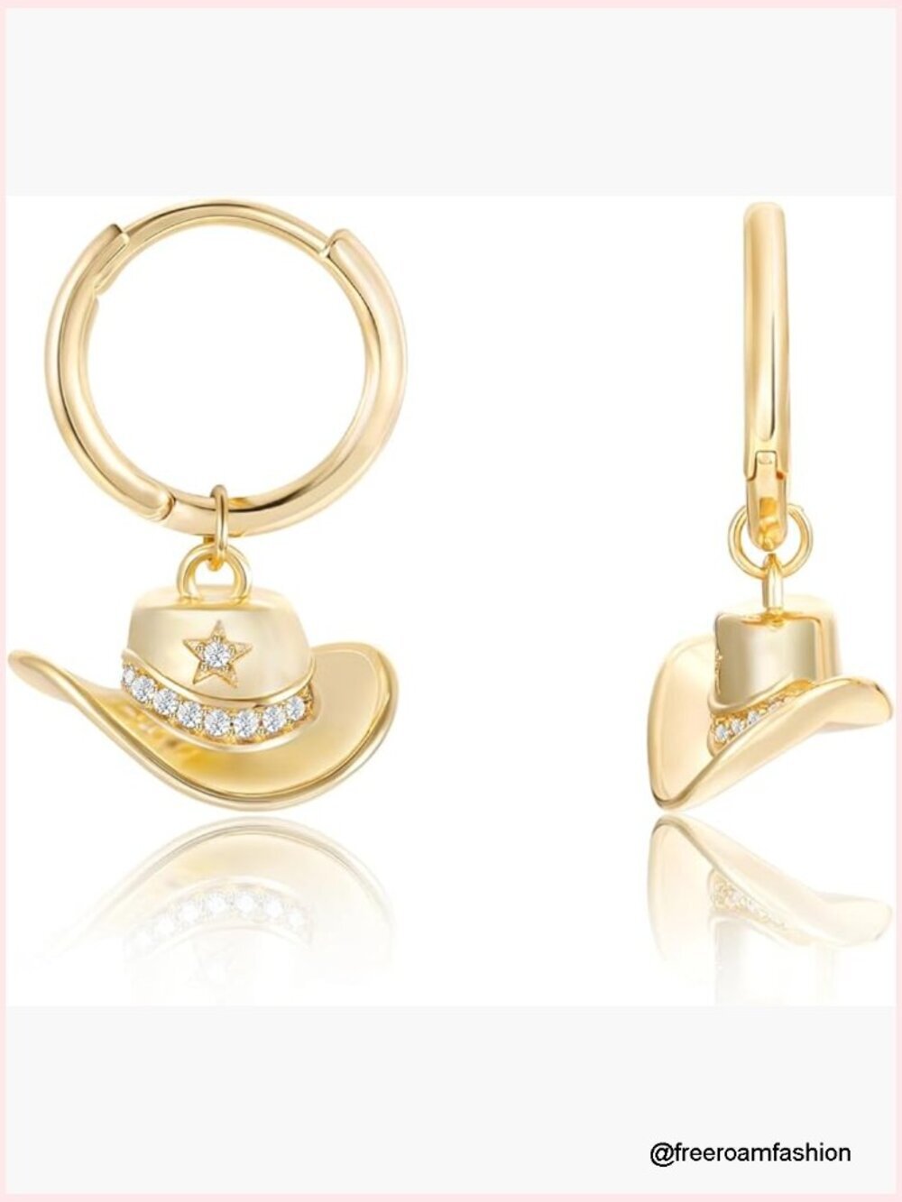 Cowgirl Hat Dangle Hoop Earrings with CZ Stones, Hypoallergenic, 14K Gold Plated